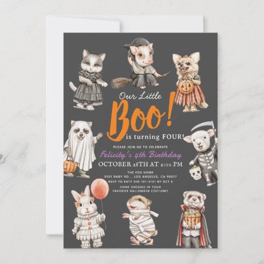 Boo Animals Halloween-Kostüm Geburtstag Einladung (Vorderseite)