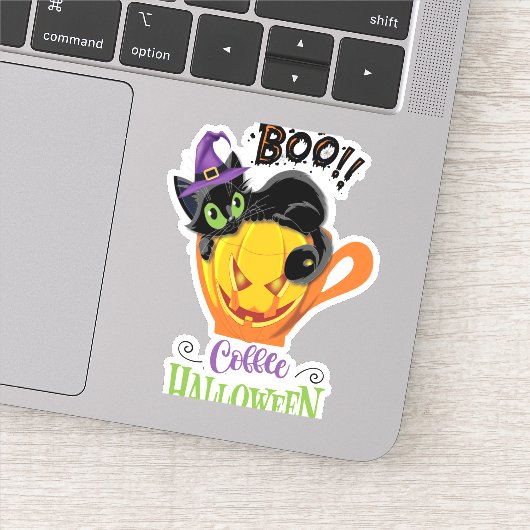 Boo Black Cat, Beängstigendes Pumpkin Coffee Hallo Aufkleber (Detail)