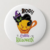 Boo Black Cat, Beängstigendes Pumpkin Coffee Hallo Button (Vorderseite)