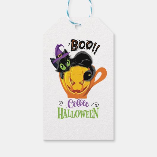 Boo Black Cat, Beängstigendes Pumpkin Coffee Hallo Geschenkanhänger (Rückseite)