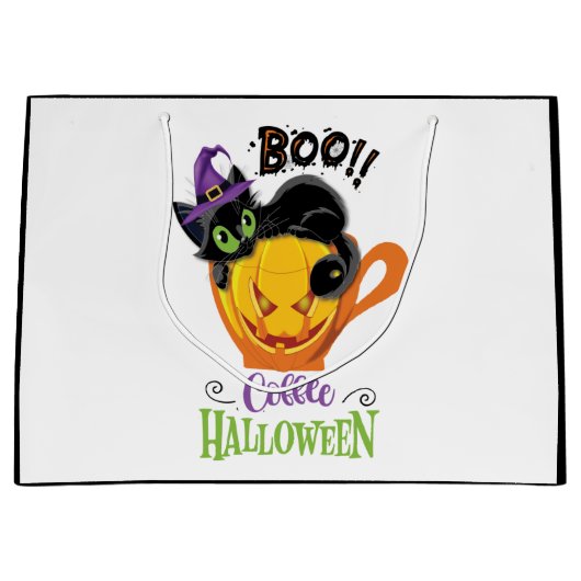 Boo Black Cat, Beängstigendes Pumpkin Coffee Hallo Große Geschenktüte (Vorderseite)