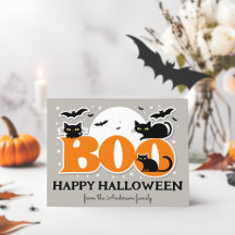 Boo Black Cats and Bats Frohe Halloween Postkarte