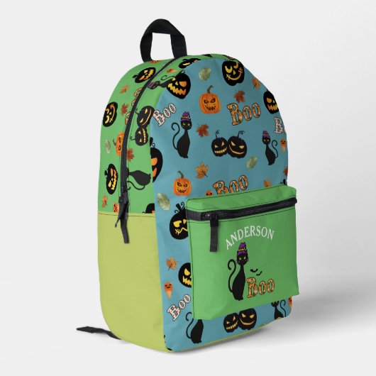 Boo Cat Halloween Muster Personalisierter Name Bedruckter Rucksack (Rückseitige Ecke links)