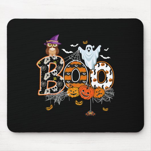 Boo Creepy Owl Pumpkin Ghost Funny Halloween Costu Mousepad (Vorne)