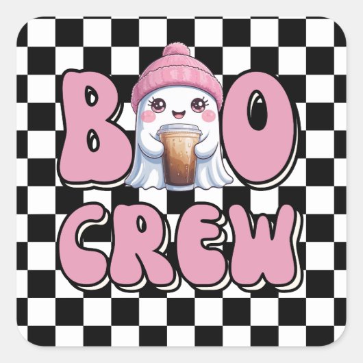 Boo-Crew Rosa Geist mit Ice Coffee Personalisiert Quadratischer Aufkleber (Vorderseite)