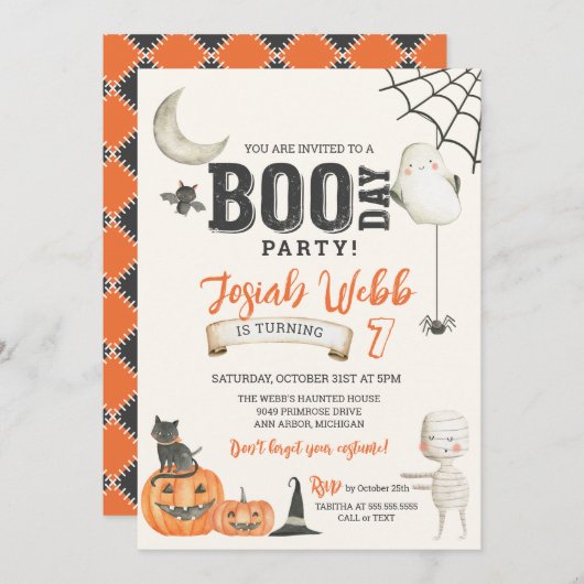 BOO-DAY Party Spooky Kinder Halloween Geburtstag Einladung (Vorne/Hinten)