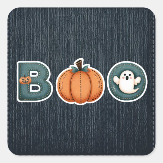 BOO Denim Rustic Country Pumpkin Ghost Halloween Quadratischer Aufkleber (Vorderseite)