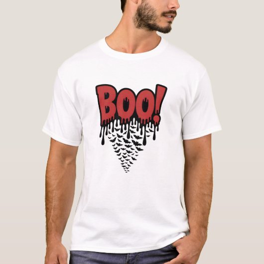 BOO! Dripping Red Horror Text – Scary Halloween T-Shirt (Vorderseite)