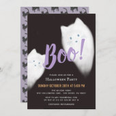 Boo! Ghost Cat Niedliches Lila Halloween-Party Einladung (Vorne/Hinten)