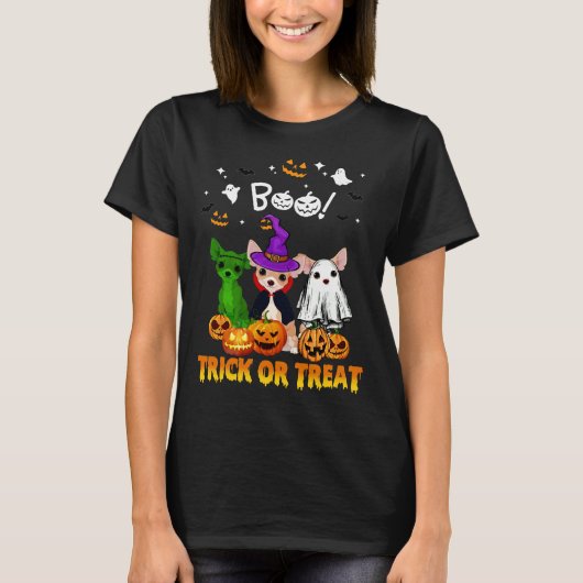 Boo Ghost Chihuahua Trick oder Treat Halloween T-Shirt (Vorderseite)