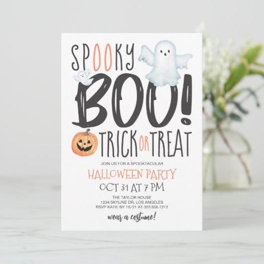 Boo Ghost Jack O'Lantern Typografie Halloween Einladung (Stehend Vorderseite)