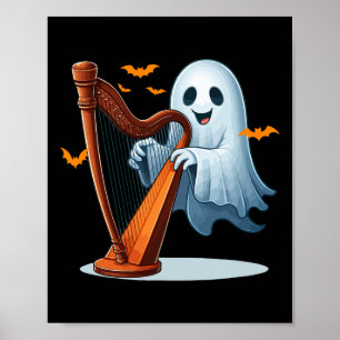 Boo Ghost Playing Harf Halloween Musical Instrumen Poster
