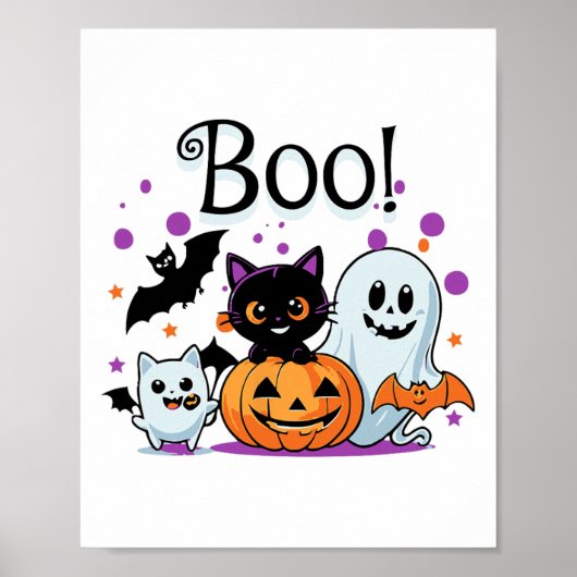 Boo Ghost Pumpkin Katze und Fledermäuse Halloween Poster (Vorne)