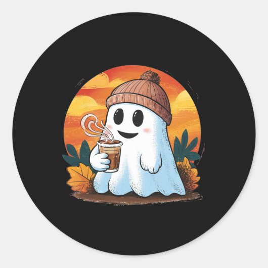 Boo Ghost trinken Kaffee Halloween Kostüme Frau Runder Aufkleber (Vorderseite)