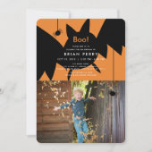 Boo! Halloween Bat & Spiders Foto Geburtstag Einladung (Vorderseite)