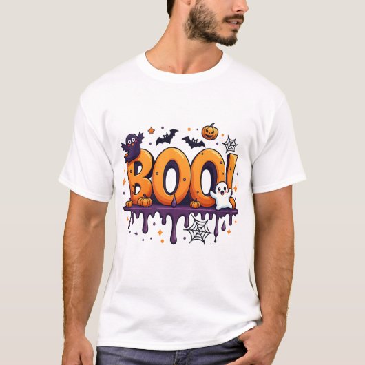 BOO Halloween Drilling Letters with Ghosts, Bats a T-Shirt (Vorderseite)