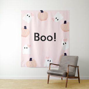 Boo Halloween Geist Mädchen Kürbis Rosa Willkommen Wandteppich