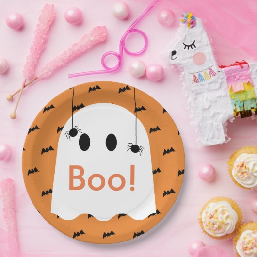 Boo! Halloween Ghost & Bats Orange Paper Plate Pappteller (Party)