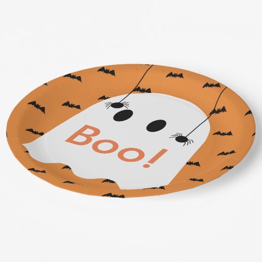 Boo! Halloween Ghost & Bats Orange Paper Plate Pappteller (Schrägansicht)