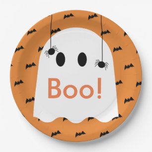 Boo! Halloween Ghost & Bats Orange Paper Plate Pappteller