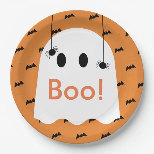 Boo! Halloween Ghost & Bats Orange Paper Plate Pappteller (Vorderseite)