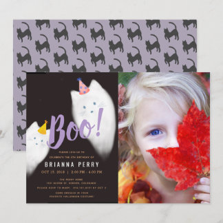 Boo! Halloween Ghost Cat Lila Foto Geburtstag Einladung