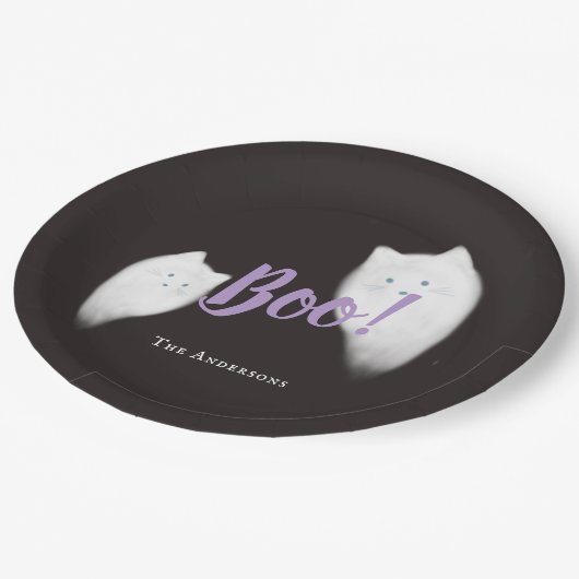 Boo! Halloween Ghost Cat Niedlich Black Pappteller (Schrägansicht)