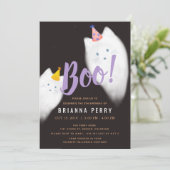 Boo! Halloween Ghost Cat Niedlich Lila Geburtstag Einladung (Stehend Vorderseite)