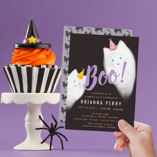 Boo! Halloween Ghost Cat Niedlich Lila Geburtstag Einladung