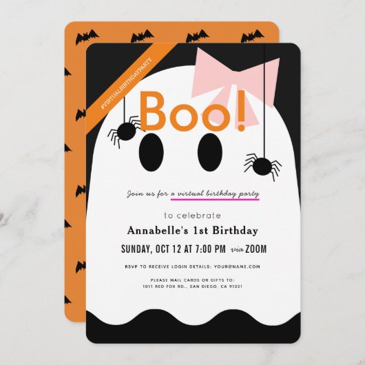 Boo! Halloween Ghost Girl Ribbon Virtual Geburtsta Einladung (Vorne/Hinten)
