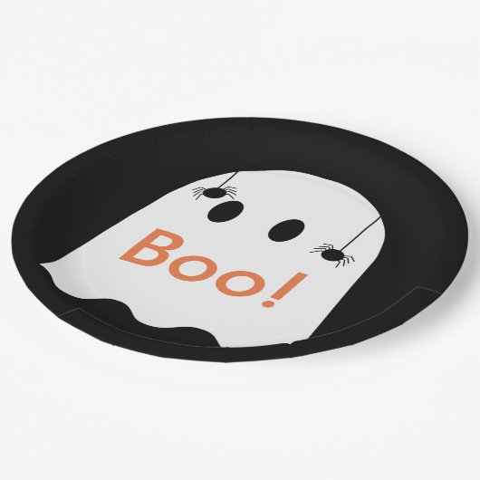 Boo! Halloween Ghost Niedlich Black Paper Plate Pappteller (Schrägansicht)