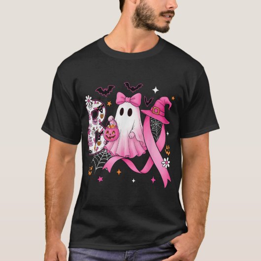 Boo Halloween Pumpkin Pink Ribbon Hexenbrust T-Shirt (Vorderseite)
