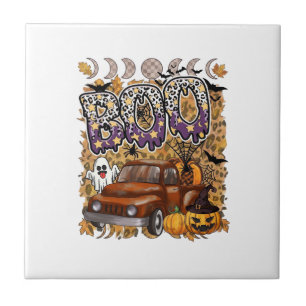 Boo Halloween Vintage LKW Geist Kürbisse Leopard Fliese