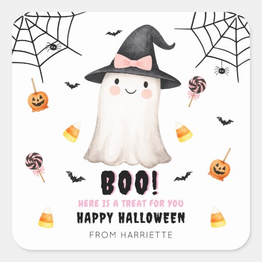 Boo Happy Halloween Cute Ghost Quadratischer Aufkleber (Vorderseite)