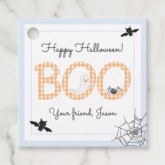 BOO Happy Halloween Gingham Orange Blue Spooky Geschenkanhänger (Vorderseite)