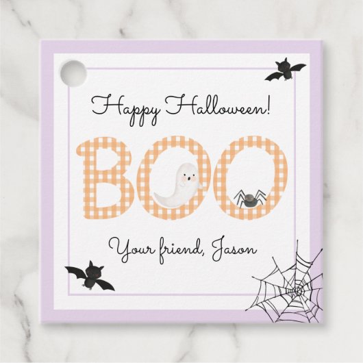 BOO Happy Halloween Gingham Orange Lila Spooky Geschenkanhänger (Vorderseite)
