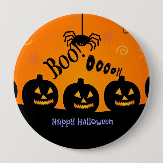 Boo! Happy Halloween in Orange und Schwarz Button (Vorderseite)