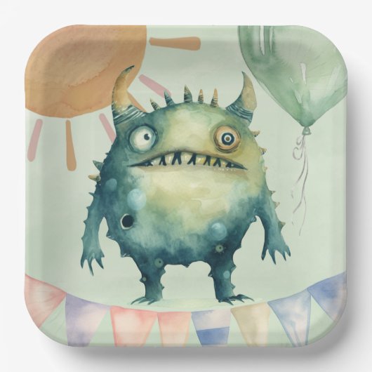 Boo, ich wende zwei! Monster Boy Birthday Party Pappteller (Vorderseite)