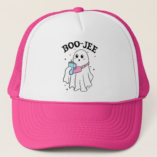 Boo Jee Funny Halloween Ghost Retro Truckerkappe (Vorderseite)
