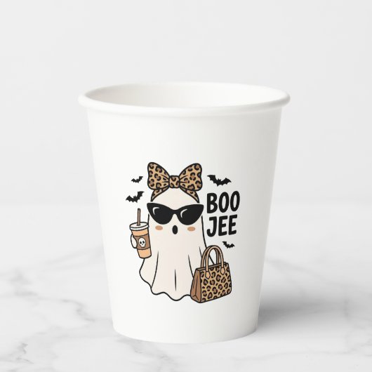 Boo Jee Geist Halloween Leopard Bogen Vektordesign Pappbecher (Vorderseite)