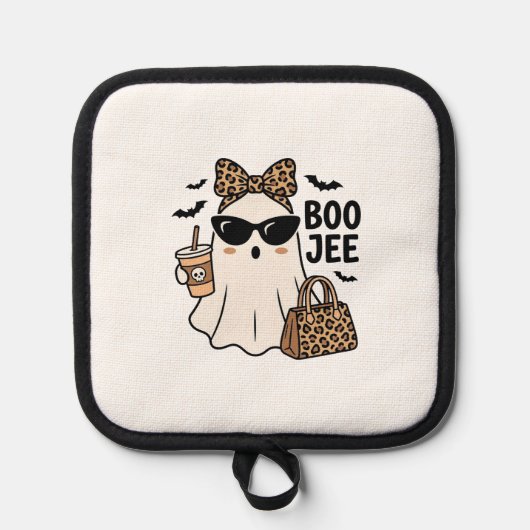 Boo Jee Geist Halloween Leopard Schleife Vektor De Topflappen (Vorderseite)
