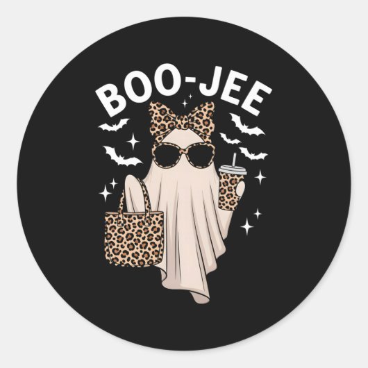 Boo Jee Ghost mit Kaffee Coquette Bow Halloween W Runder Aufkleber (Vorderseite)