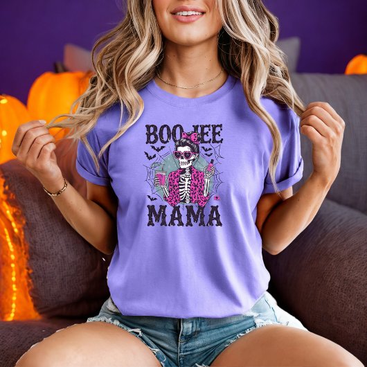 Boo-Jee Mama Skeleton in Pink Fur Halloween Design T-Shirt