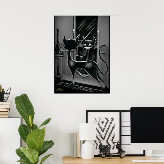 Boo Kitty sieht in einem dunklen Spiegelposter aus Poster (Heimbüro)