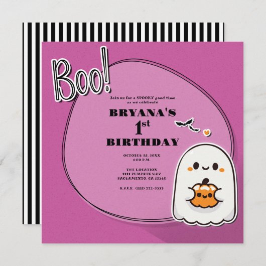BOO! Little Ghost Pink Halloween 1. Geburtstag Einladung (Vorne/Hinten)