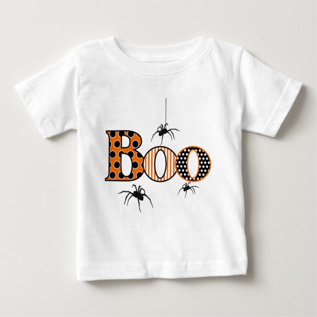 BOO mit Spinnen Halloween Baby T-shirt (Vorderseite)