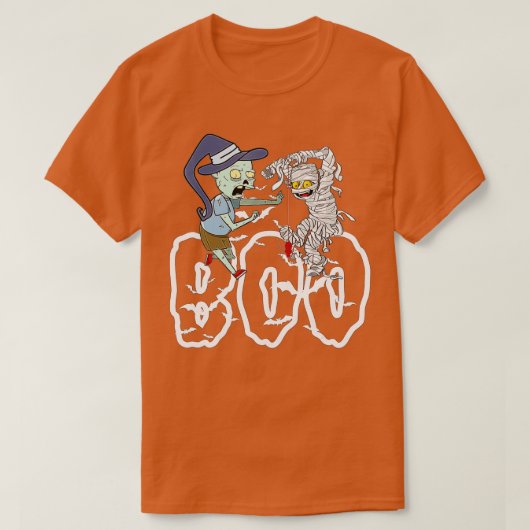Boo mit Zombie-Hexenhut, Spinnen und Fledermäusen T-Shirt (Design vorne)