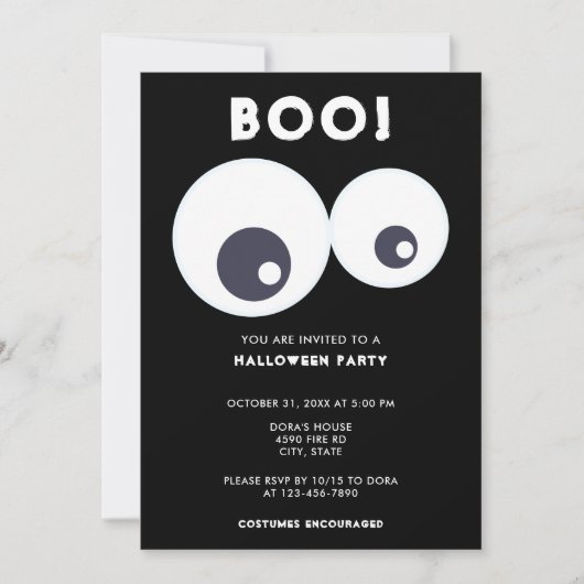Boo niedlich Eyeballs Halloween-Party Schwarz & We Einladung (Vorderseite)