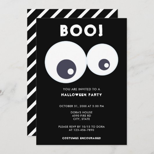 Boo niedlich Eyeballs Halloween-Party Schwarz & We Einladung (Vorne/Hinten)