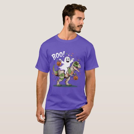 Boo! Niedlich Ghost Riding Mummy T-Rex Halloween T-Shirt (Vorne ganz)